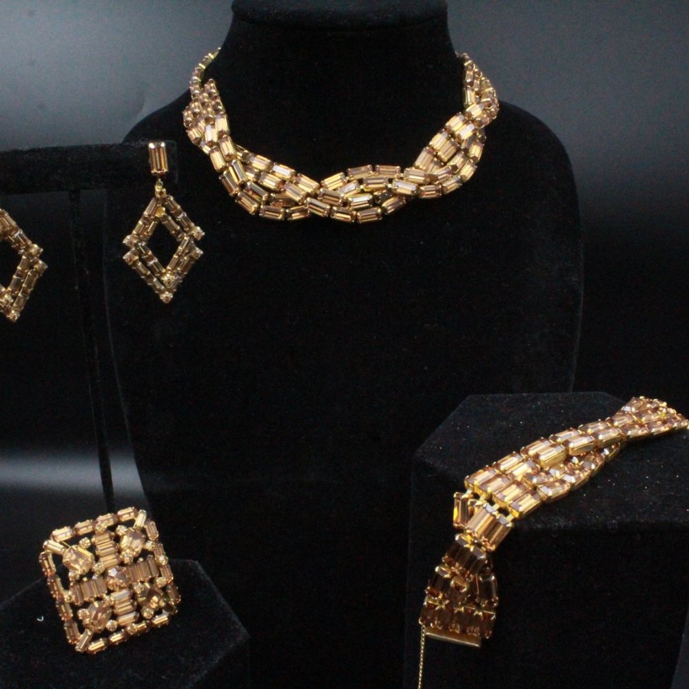 WEISS HIGH END DESIGNER BROWN TOPAZ RHINESTONES EMERALD CUT PARURE SET - Picture 5 of 7